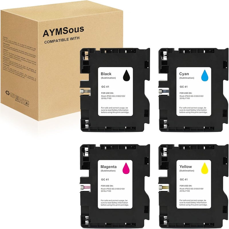 AYMSous GC41 Sublimation Ink Cartridge Compatible for Ricoh GC41 GC-41 for Ricoh IPSiO SG3100 SG2100 SG2100L SG2010L Aficio SG3110DNW SG2100N SG3100SNW SG2100 SG3110DN SG2010 (1BK, 1C, 1M, 1Y, 4-Pack) - Image 1